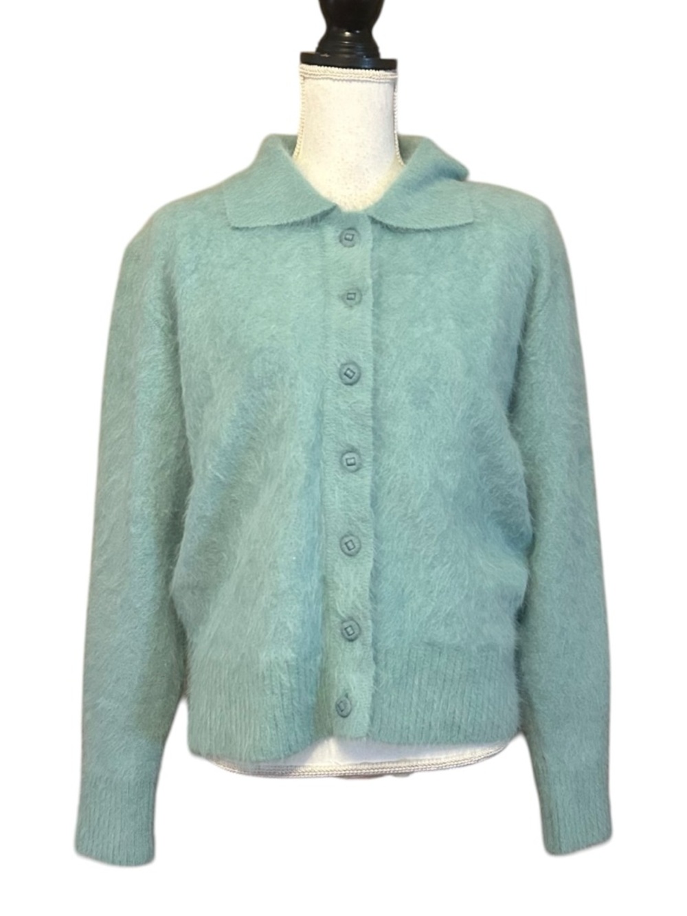 Vintage Venesha Angora Button Down Cardigan Sweater with Collar SZ‎ Large Green